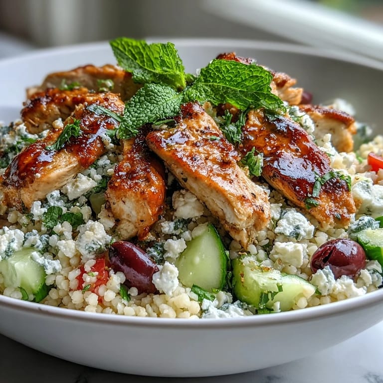Close-up of tender marinated chicken atop fluffy pearl couscous salad in Mediterranean Pearl Couscous Chicken Bowls, garnished with fresh mint and parsley.