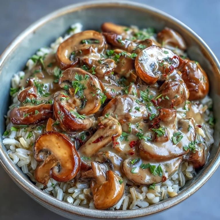 Close-up of Vegan Mushroom Stroganoff over brown rice, highlighting the silky sauce and sautéed mushroom slices.
