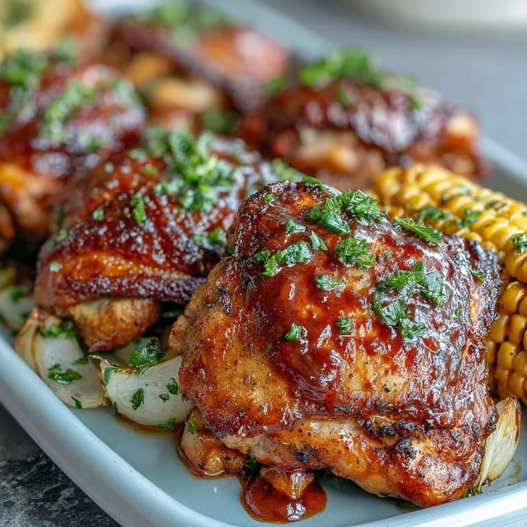Sheet Pan BBQ Chicken served with charred corn and peppers, perfect for a quick and easy weeknight family dinner.