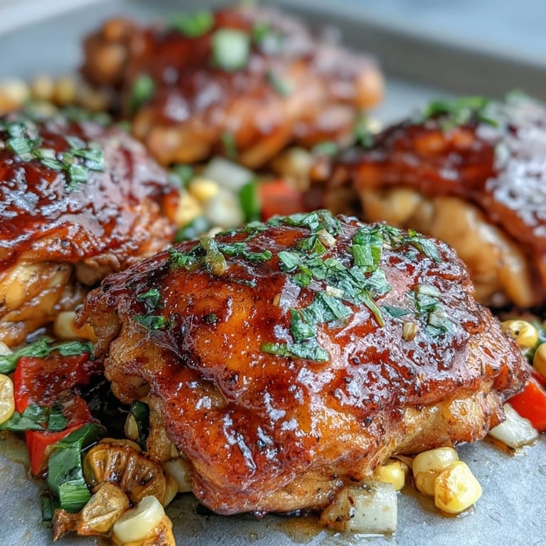 Sizzling Sheet Pan BBQ Chicken thighs alongside roasted sweet corn and colorful peppers, ideal for gluten-free meal prep.