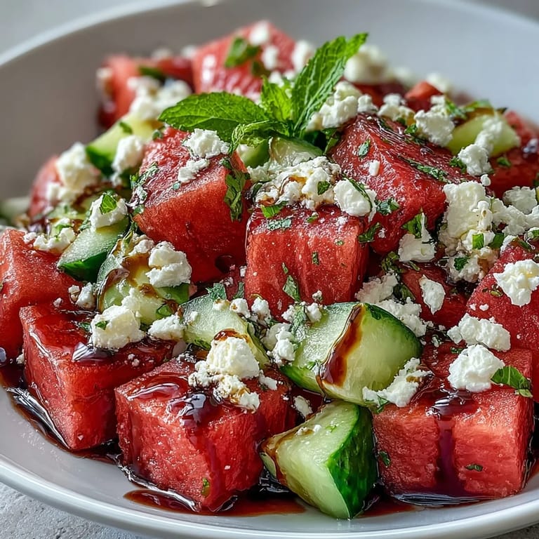 Freshly prepared Mediterranean salad with juicy watermelon, diced cucumber, and crumbled feta, garnished with mint and ready for a summer picnic.