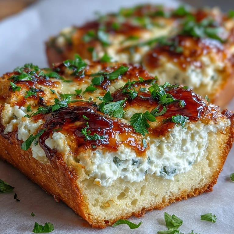 Freshly sliced Hot Honey Ricotta Garlic Bread is served warm with melted cheese and parsley garnish.
