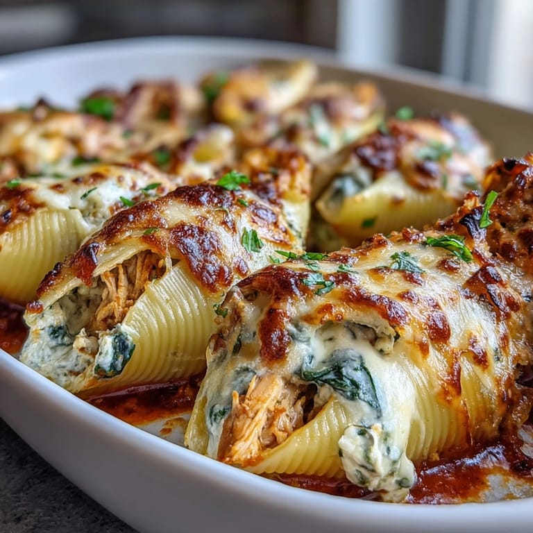 Delicious Pesto Chicken Stuffed Shells Lite on a plate with marinara sauce and a fresh basil garnish.