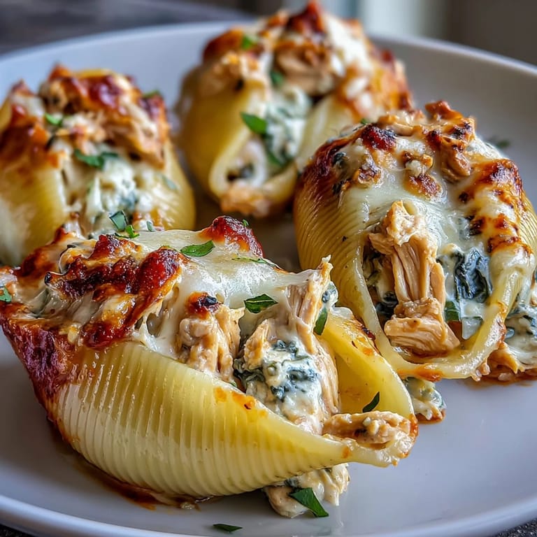 Close-up of creamy Pesto Chicken Stuffed Shells Lite showing spinach and chicken filling inside jumbo pasta shells.