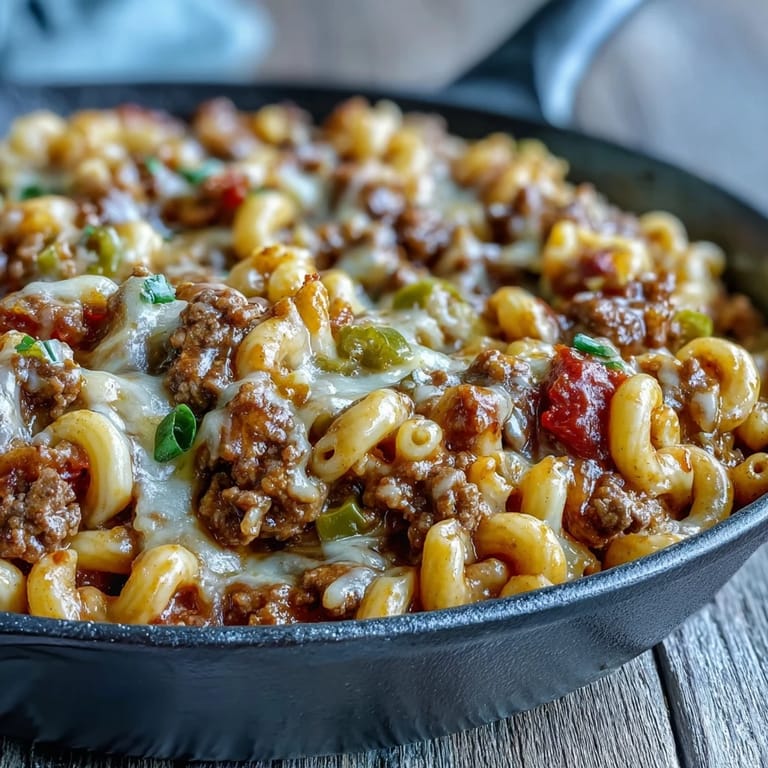 A generous scoop of the One-Pan Cheeseburger Chili Mac reveals steam rising from the cheesy, beefy pasta with chopped pickles on top.