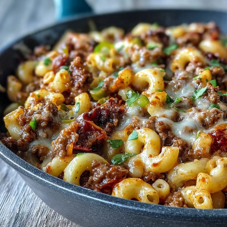 Close-up of the One-Pan Cheeseburger Chili Mac showing melted cheddar stretch, juicy beef crumbles, and a garnish of fresh dill pickles.