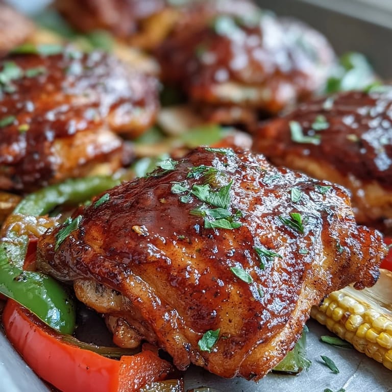 Sizzling Sheet Pan BBQ Chicken thighs alongside roasted sweet corn and colorful peppers, ideal for gluten-free meal prep.