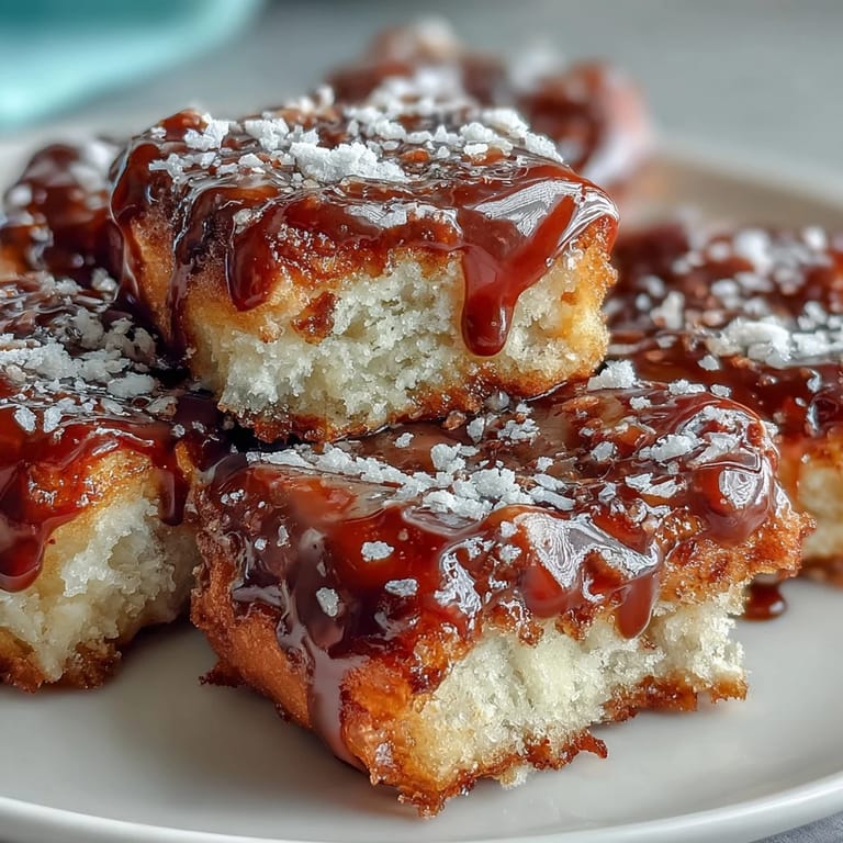 Freshly baked Maple Donut Bars stacked on a white plate, dusted with cinnamon sugar and ready to serve.