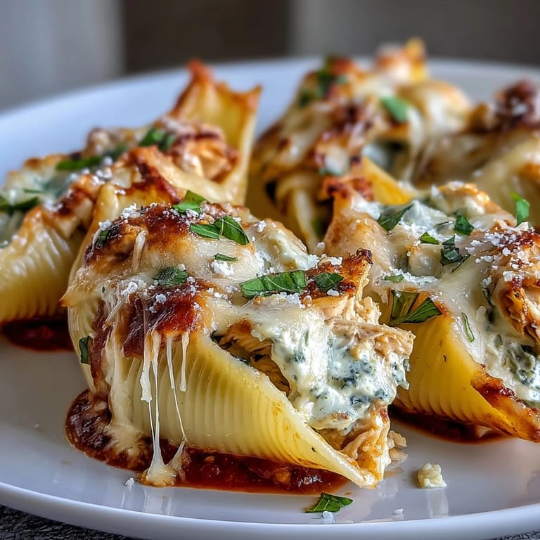 Tender jumbo shells filled with creamy Greek yogurt pesto chicken, ready to serve with a crisp green salad.