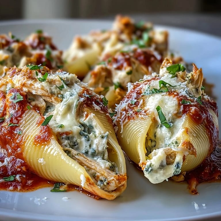 Close-up of Pesto Chicken Stuffed Shells Lite on a fork, showing cheesy, herby filling and zesty marinara sauce.