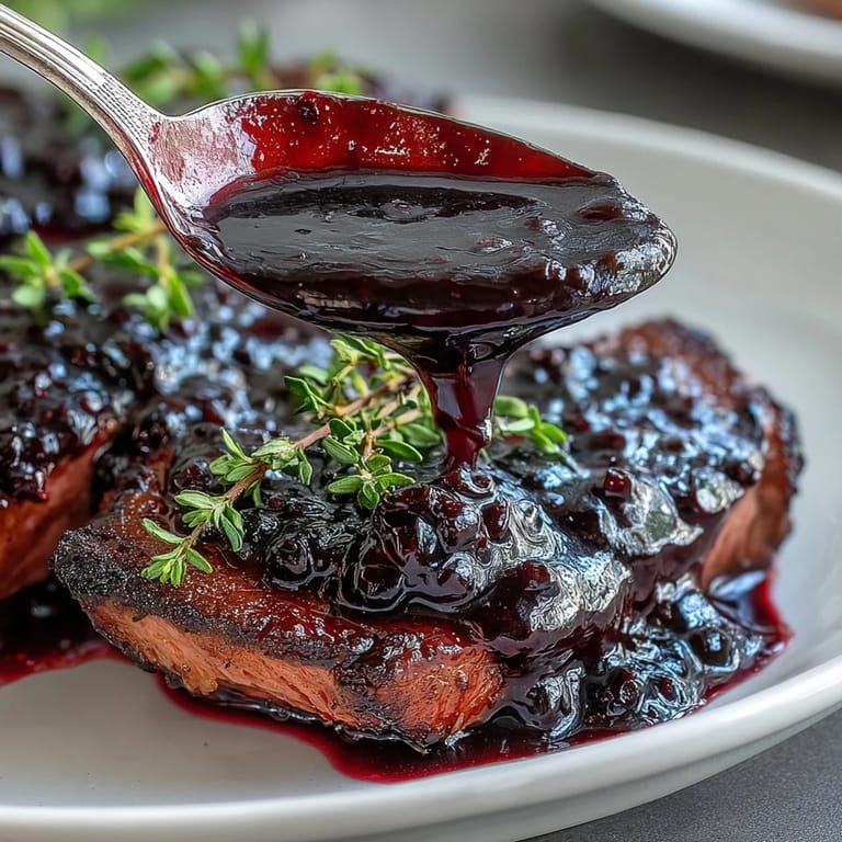 Elegant black currant reduction drizzled over sliced venison, showcasing its vibrant color and glossy texture in a gourmet presentation.