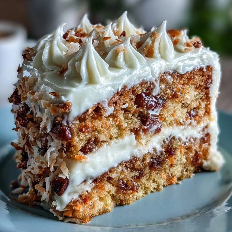 Cream cheese frosted Christmas Hawaiian carrot pineapple cake with vibrant carrot shreds, juicy pineapple, and a sprinkle of coconut.