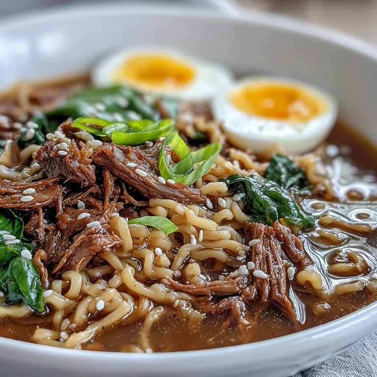 Rich, flavorful slow cooker beef ramen noodles with melt-in-your-mouth beef, fresh vegetables, and spicy chili oil garnish.