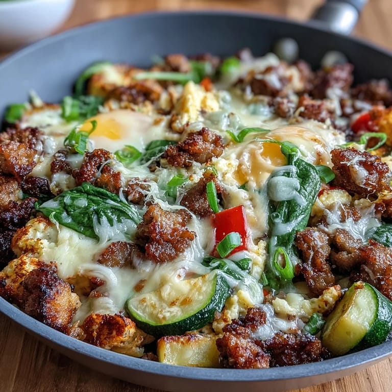 Fluffy scrambled eggs combined with crumbled sausage, zucchini, and bell peppers for a satisfying low-carb morning meal.