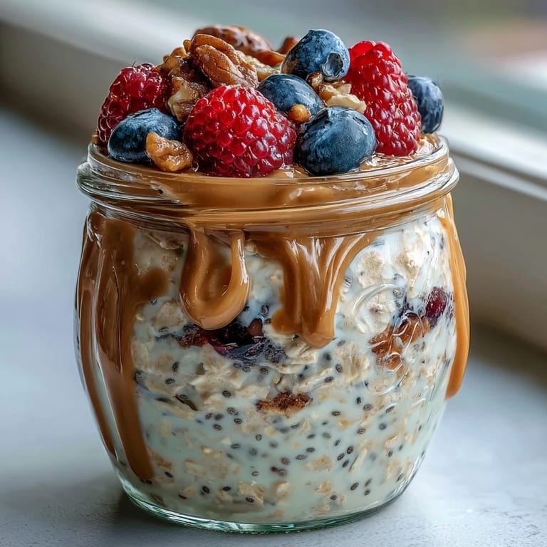 Make-ahead breakfast jars filled with wholesome oats, chia seeds, mixed berries, and a luscious almond butter drizzle for a nourishing start to the day.