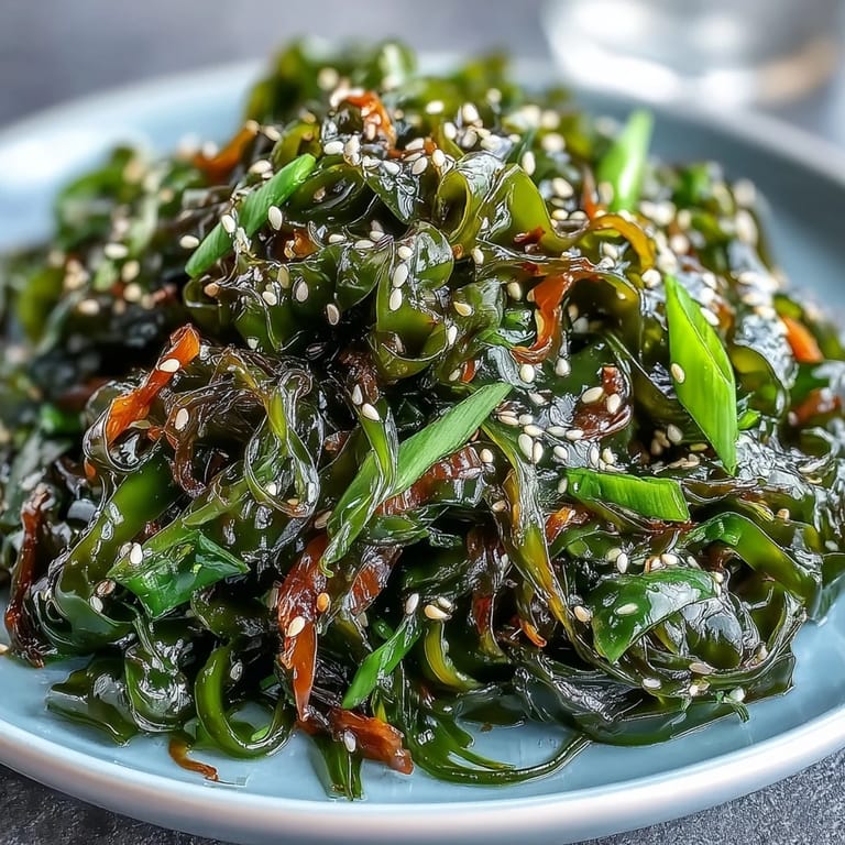 Fresh seaweed salad tossed in tangy ponzu, garnished with sesame seeds and sliced red chili for a zesty vegan side.