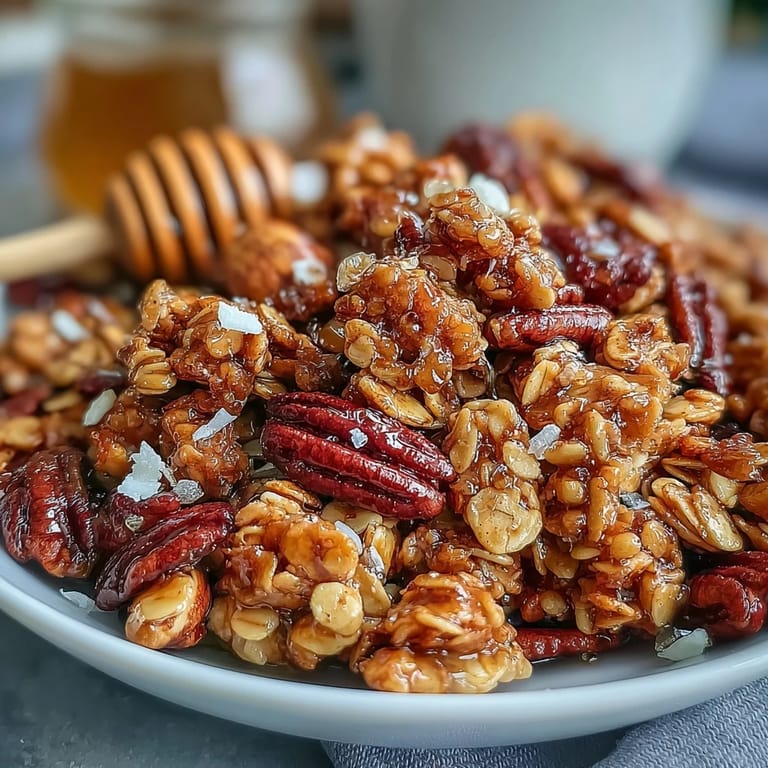 Honey-kissed granola with crunchy almonds and coconut, baked to golden perfection and topped with delicate sea salt flakes.