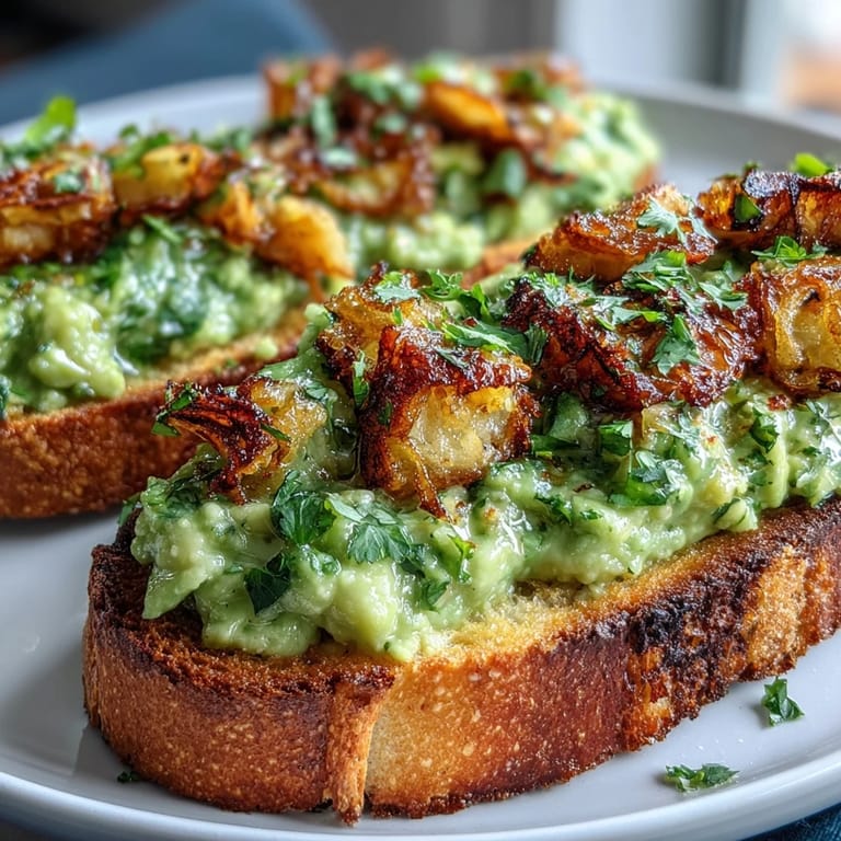 Crispy sourdough toast topped with zesty chilli-lime avocado mash, fresh cilantro, and golden fried shallots for bold flavor.