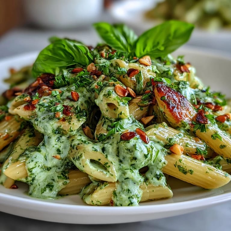 Luxurious cream cheese pesto pasta with al dente penne, fresh herbs, and a sprinkle of Parmesan.