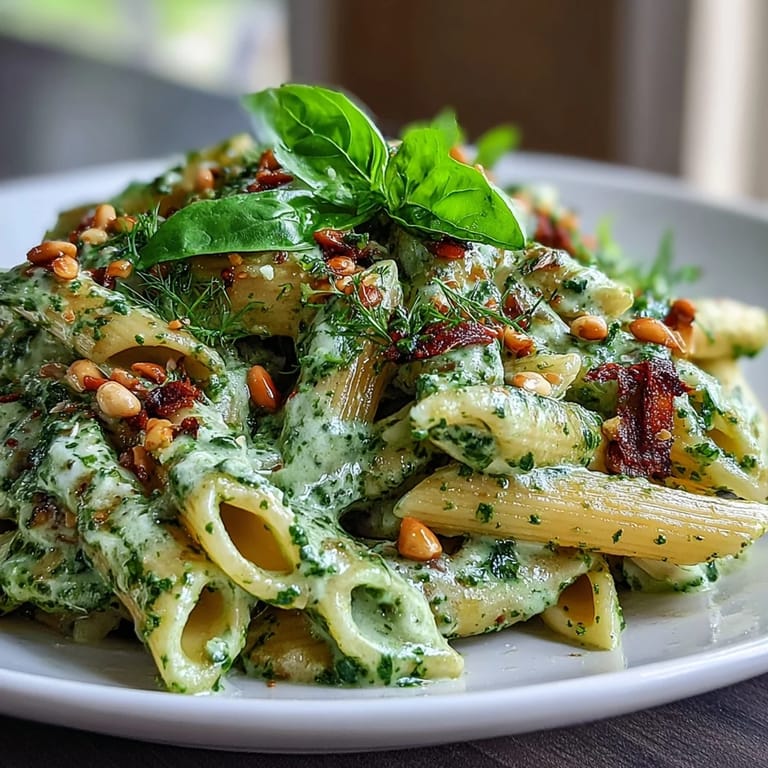Vibrant vegetarian pesto pasta featuring silky cream cheese sauce, aromatic basil, and crunchy pine nuts.  