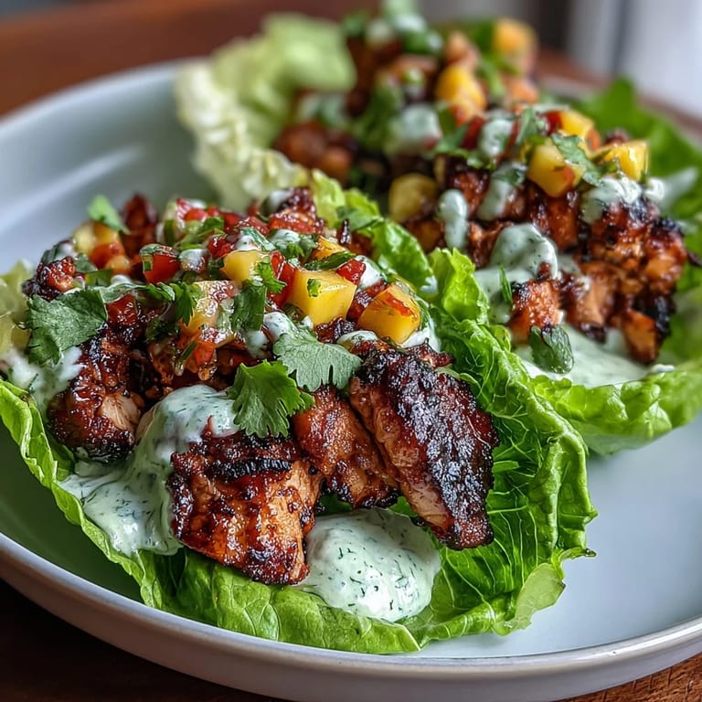Crispy lettuce cups hold tender jerk-seasoned chicken, sweet mango salsa, and tangy coconut crema for a bright, flavorful appetizer.  