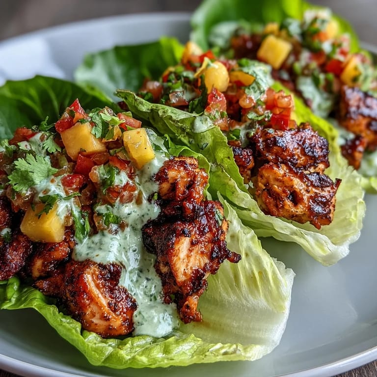 Spicy jerk chicken served in butter lettuce leaves with refreshing mango salsa and a drizzle of coconut crema for a tropical twist.