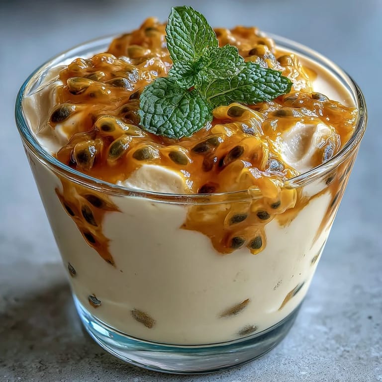 Silky passionfruit mousse with bright citrus notes, topped with passionfruit pulp for an elegant, tropical treat.