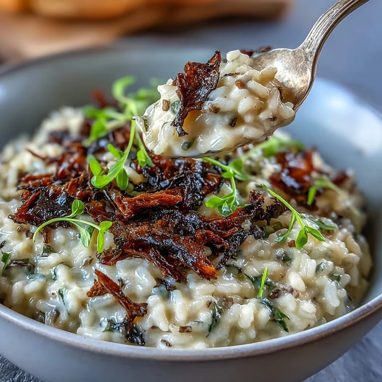 Luxurious Arborio rice risotto infused with truffle oil, finished with vibrant pea shoots for a gourmet vegetarian dish.  