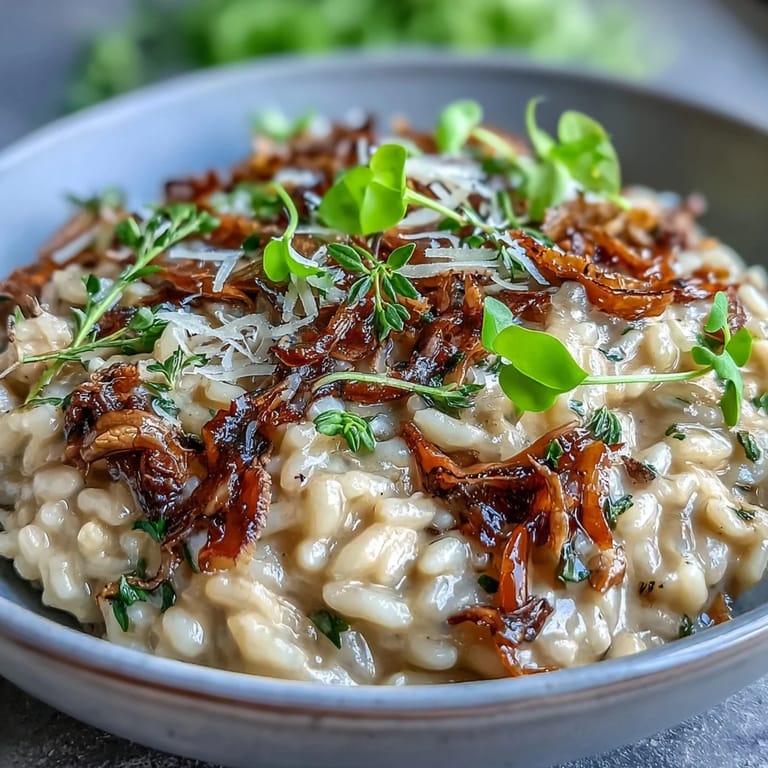 Close-up of rich, creamy truffle risotto garnished with crisp pea shoots and Parmesan, served in elegant white porcelain.