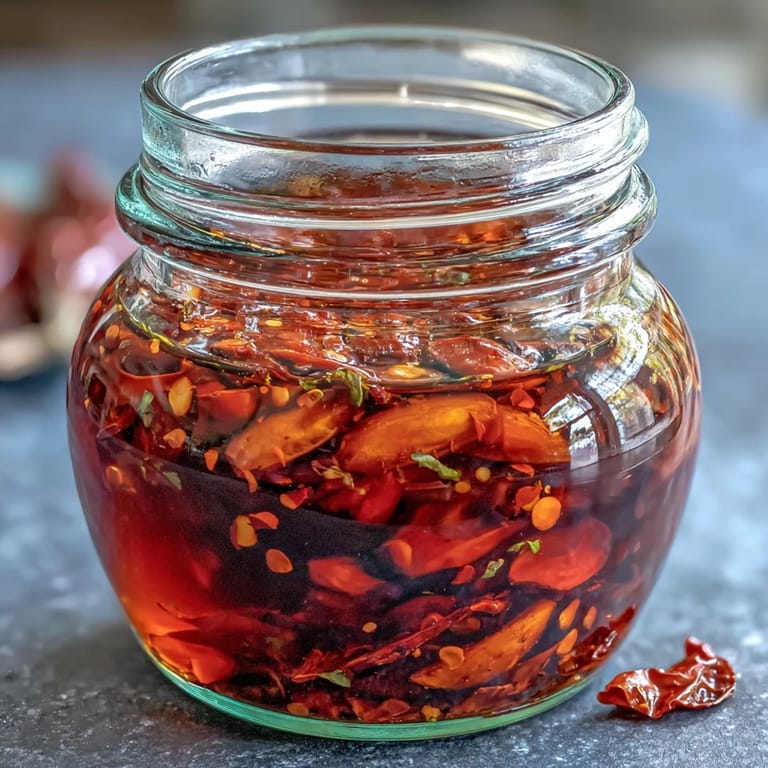 Homemade Calabrian chili oil infused with garlic and herbs, perfect for drizzling over pizza, pasta, or grilled meats.