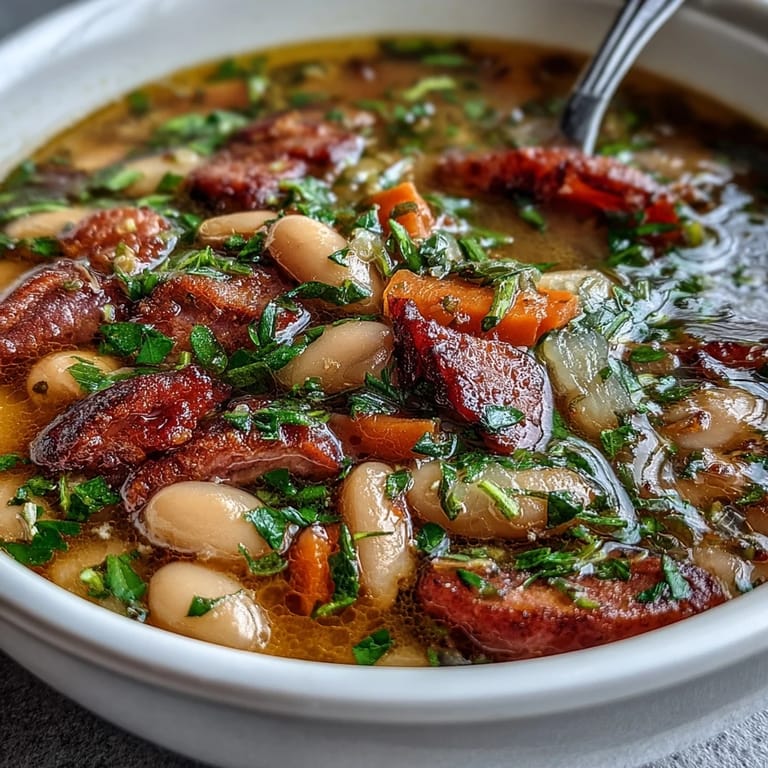 Slow-cooked ham and Great Northern bean soup with smoky ham, creamy beans, and fresh herbs, served steaming hot for ultimate comfort.
