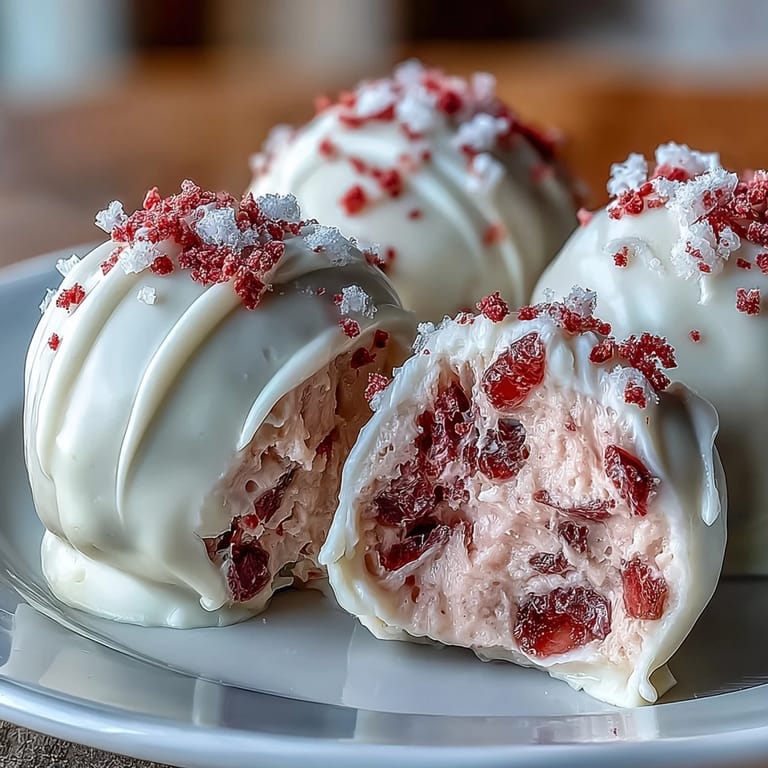 Rich strawberry-infused truffle centers dipped in creamy white chocolate, garnished with freeze-dried strawberry powder for a festive touch.  
