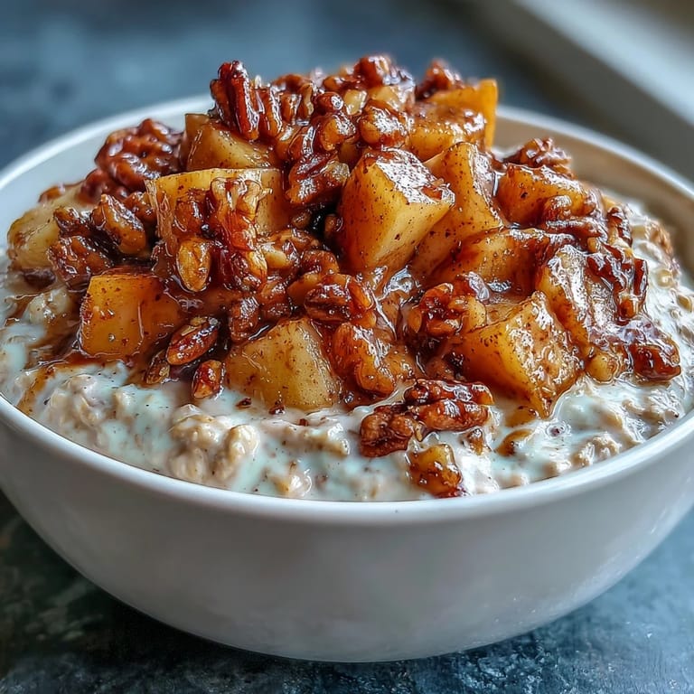 Wholesome overnight oats layered with tender cinnamon apples and nutty walnuts, perfect for busy mornings.