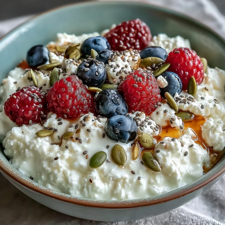 Vibrant cottage cheese bowl with mixed berries, chia, flax, and pumpkin seeds—a wholesome and refreshing breakfast option.  