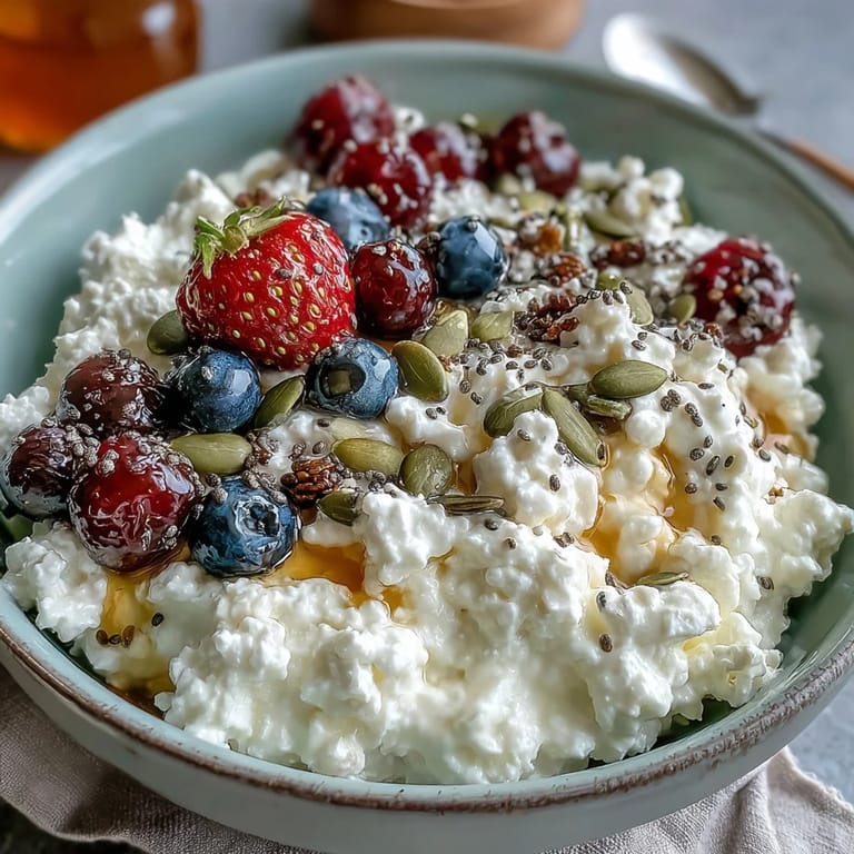 Nutritious cottage cheese breakfast bowl layered with colorful berries and crunchy seeds, drizzled with honey for natural sweetness.