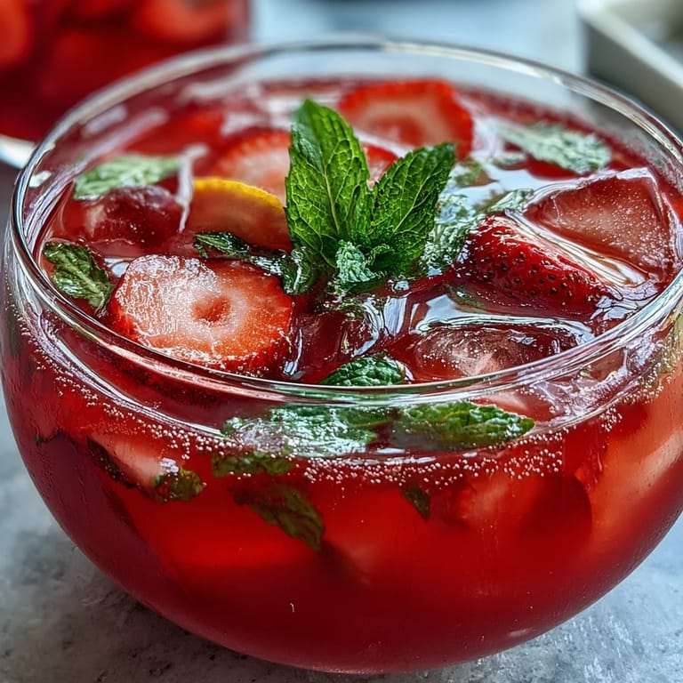 A chilled Galentines Pink Lemonade Strawberry Punch with sliced strawberries and lemon wedges, offering a sweet and tangy flavor in every sip.