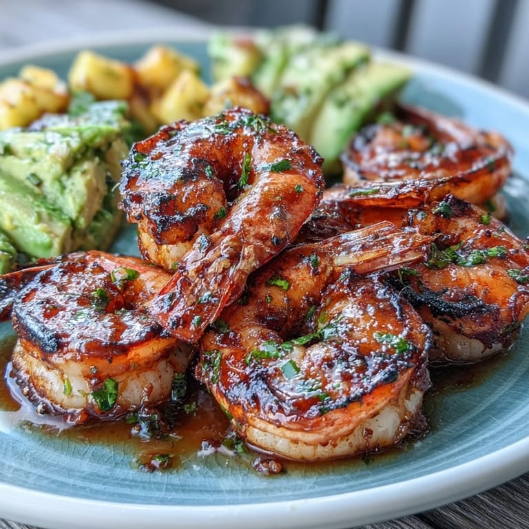 Colorful summer salad with succulent grilled shrimp, ripe mango chunks, and diced avocado, all drizzled with zesty chili-lime dressing.