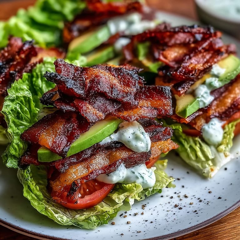 Low-carb BLT lettuce wraps with smoky bacon, ripe avocado, and garlicky mayonnaise, topped with cracked black pepper for bold flavor.