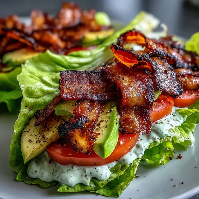Fresh lettuce wraps stuffed with thick-cut bacon, tomato slices, avocado, and creamy garlic mayo, seasoned with cracked pepper for a keto-friendly meal.