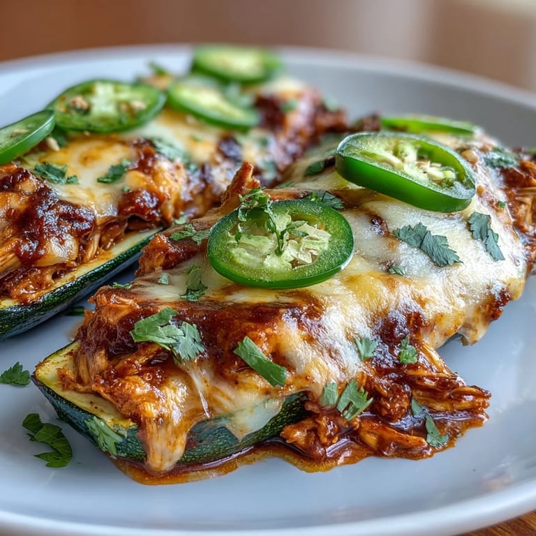 Cheesy chicken enchilada filling in tender zucchini boats, garnished with cilantro and avocado slices.