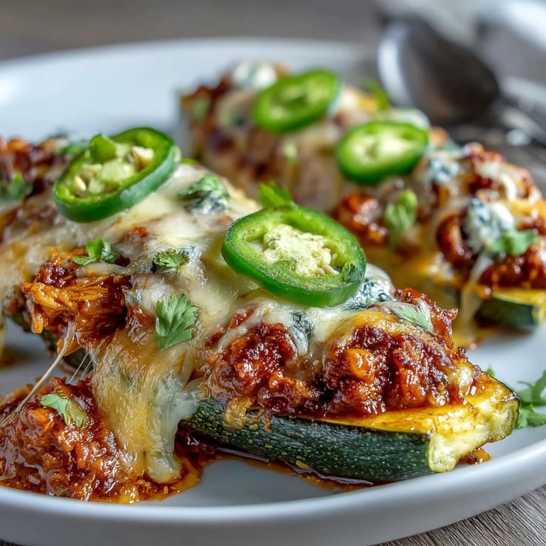 Zucchini stuffed with spiced shredded chicken and enchilada sauce, baked until cheese is bubbly.  