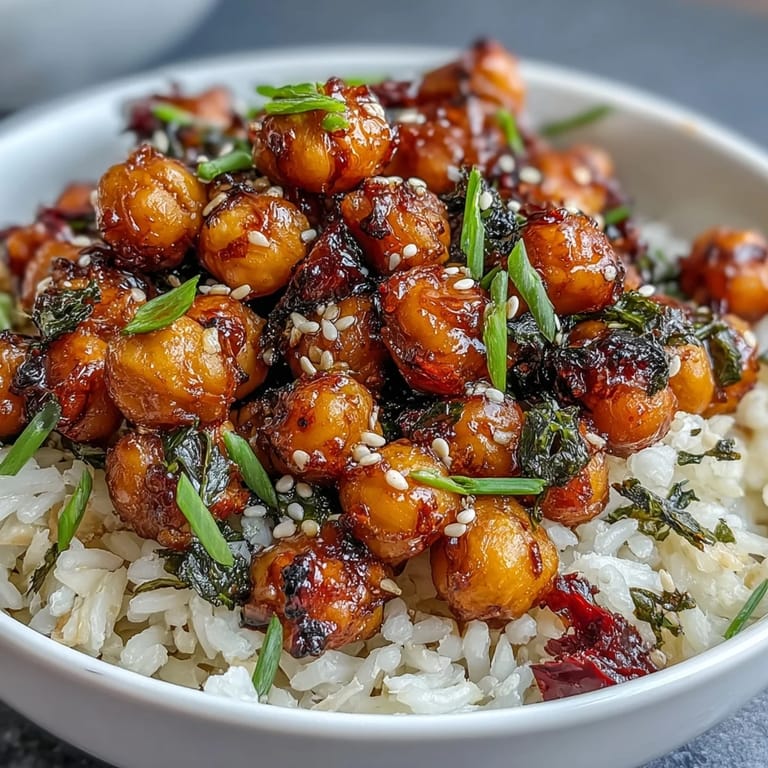 Crispy roasted chickpeas tossed in chili-garlic sauce atop steaming jasmine rice for a bold vegan meal.  