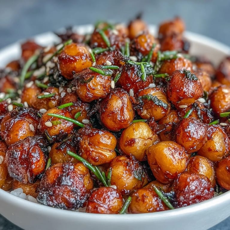 Golden chickpeas with chili-garlic glaze over fragrant jasmine rice, finished with sesame seeds and fresh herbs.