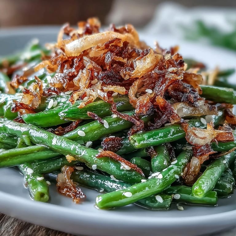 Tender green beans sautéed with garlic and sesame oil, finished with crunchy fried onions.  