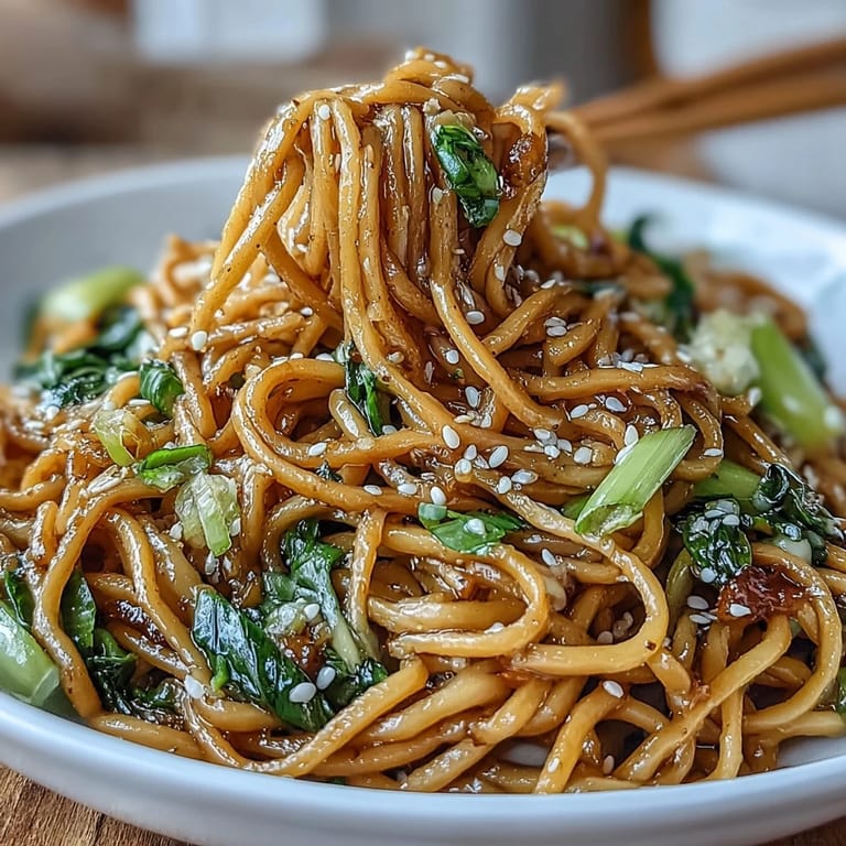 Flavorful ginger-scallion noodles with sautéed greens, garnished with sesame seeds and fresh chili for a vibrant dish.