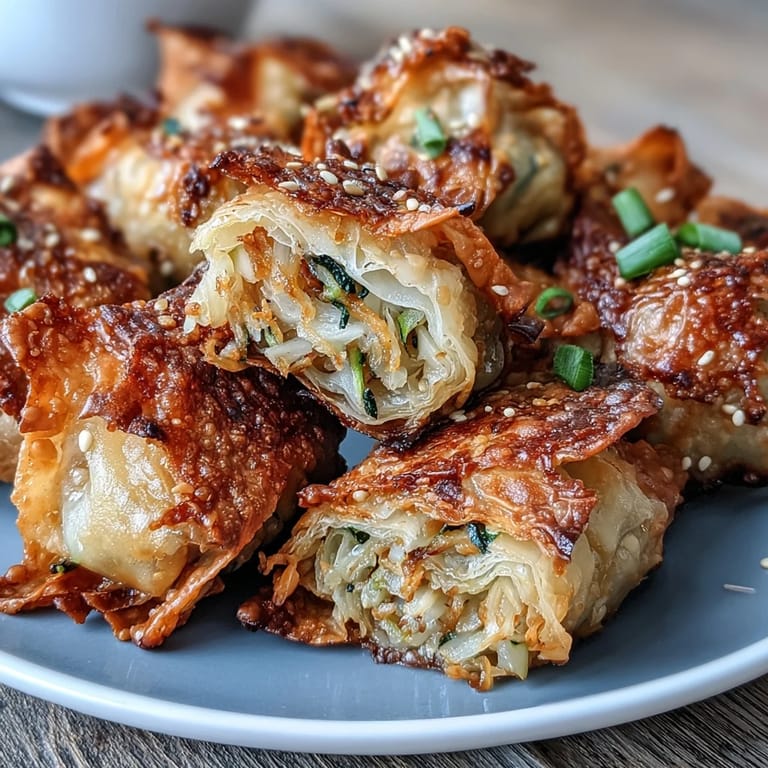 Golden pan-fried dumpling bites featuring tender chicken and fresh vegetables wrapped in rice paper, offering a gluten-free twist on traditional dumplings with a satisfying crunch.