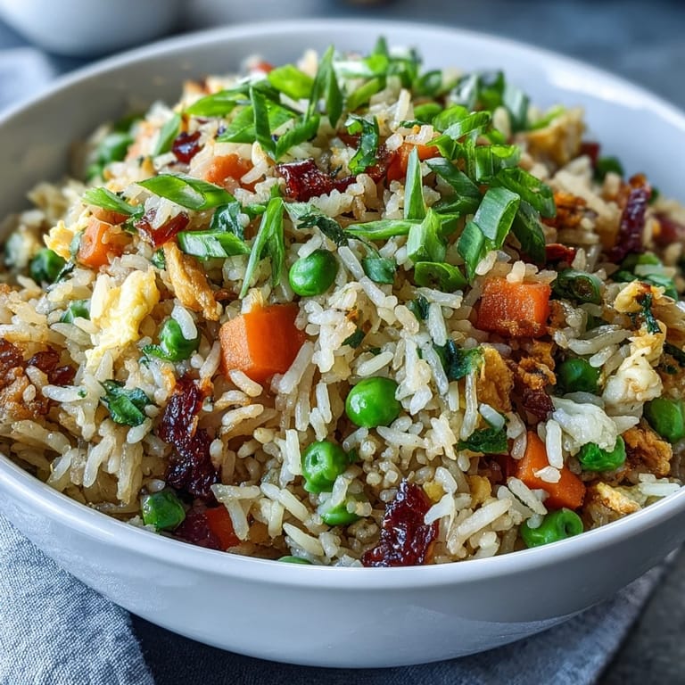 Healthy fried rice recipe featuring tender spring peas, diced carrots, and bell peppers in a savory sesame-soy sauce.  
