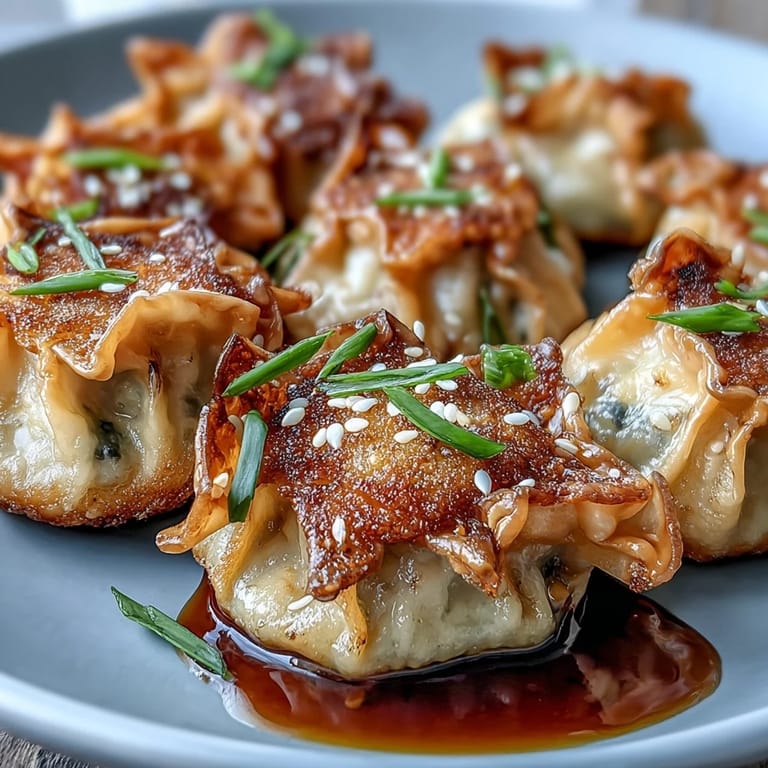 Air-fried dumplings with a perfectly crisp exterior, stuffed with seasoned pork and cabbage, and accompanied by a zesty soy ginger dipping sauce.