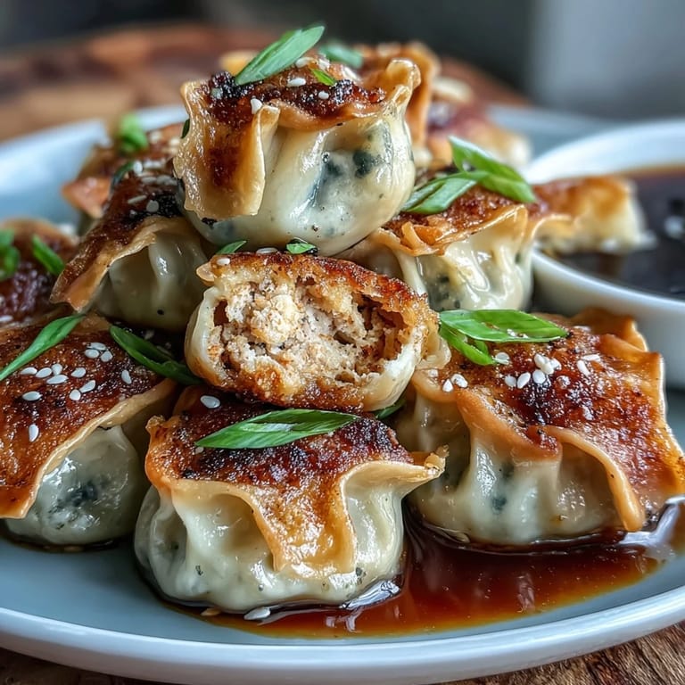 Crunchy, golden-brown dumplings fresh from the air fryer, paired with a fragrant soy ginger dipping sauce for an irresistible appetizer.  