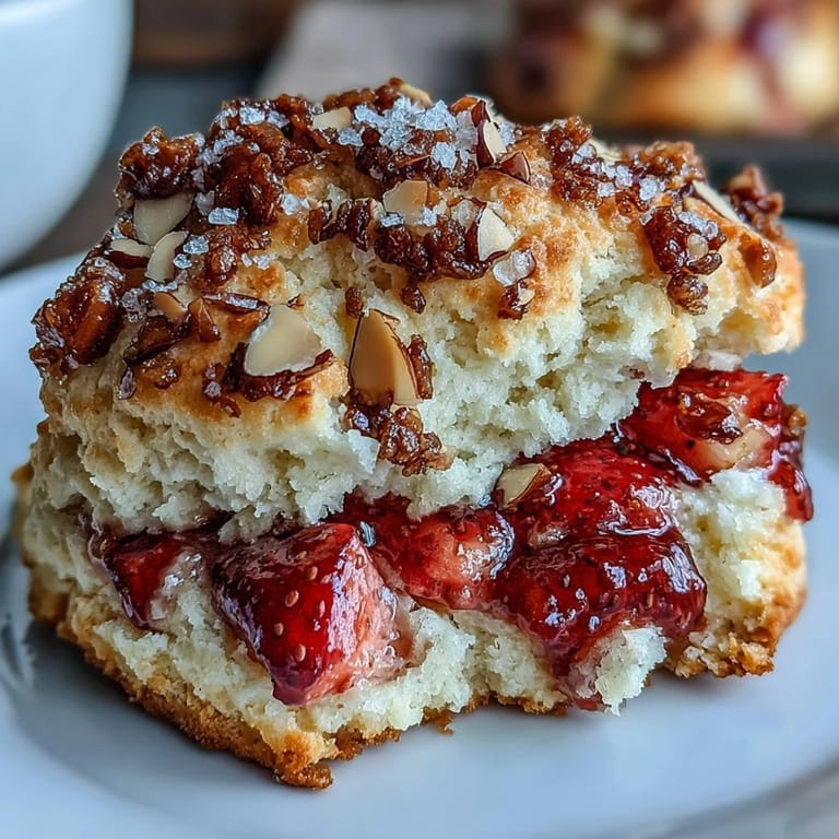Freshly baked scones bursting with ripe strawberries, topped with toasted almonds and a sprinkle of coarse sugar for irresistible texture.